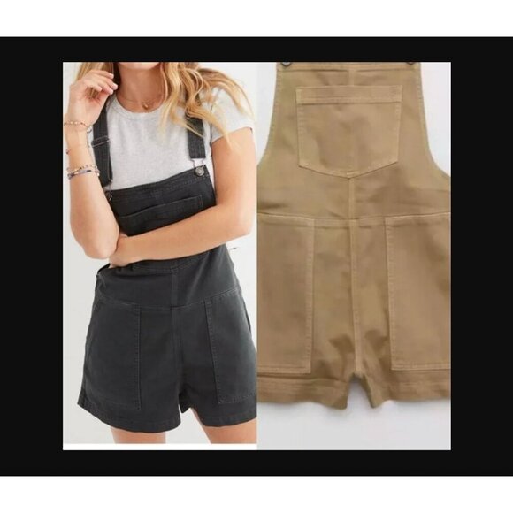 Aerie Werk and Play Denim Short Overalls TAN KHAKI Womens Size XS - Picture 2 of 6